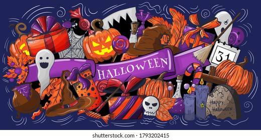 Happy Halloween hand drawn cartoon doodles illustration. Holiday funny objects and elements poster design. Creative art background. Colorful vector banner
