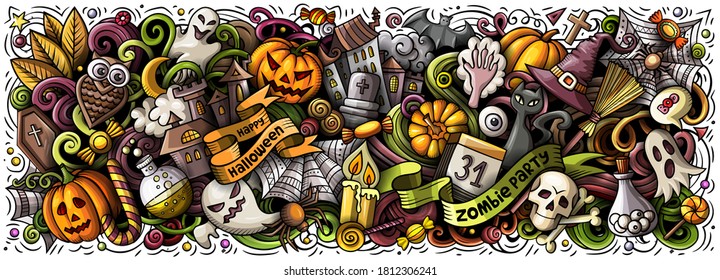 Happy Halloween hand drawn cartoon doodles illustration. Holiday funny objects and elements design. Creative art background. Colorful vector banner