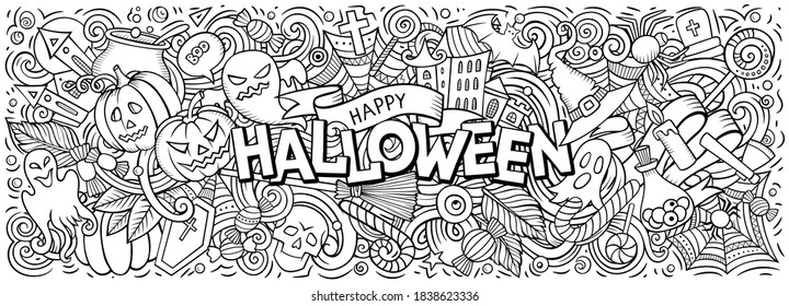 Happy Halloween hand drawn cartoon doodles illustration. Holiday funny objects and elements poster design. Creative art background. Colorful vector banner