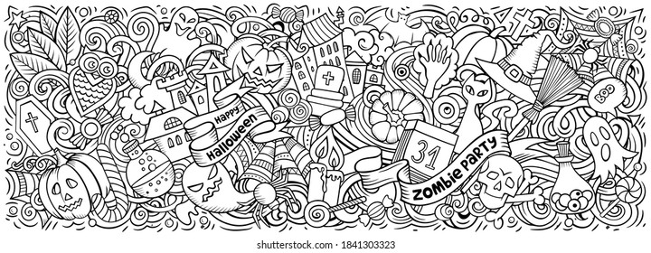 Happy Halloween hand drawn cartoon doodles illustration. Holiday funny objects and elements design. Creative art background. Sketchy vector banner