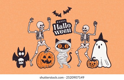 Feliz Halloween dibujado a mano tarjeta de dibujos animados o Anuncio de Web con fantasma, murciélago, calabaza, gato negro vestido como una momia, esqueletos divertidos. Diseño plano de moda para la decoración, anuncios, saludos, cartel, cubierta, invitaciones