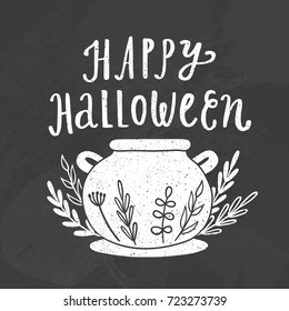 Happy Halloween. Hand drawn cauldron and lettering. Vector chalk style illustration