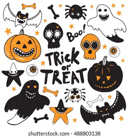 Felices decoraciones hechas a mano en Halloween. Para el afiche del partido, volante, diseño de banner web con tipografía y letras a mano. Gracioso concepto vintage con ilustración. 