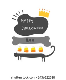 Happy halloween. Hand drawn doodle with candy, black cat for banner, logo, card, party, kids, children with modern design