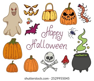 Happy Halloween hand drawn doodle flat. Set of scary elements. Ghost, skeleton, bat, pumpkin, witch cauldron, poison, insects. October holiday. Horror, evil. Vector color sketch illustration.