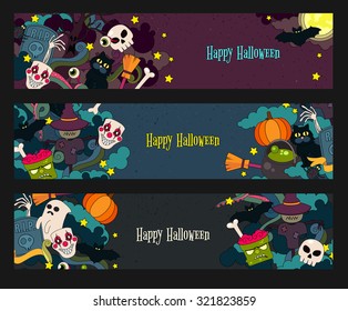 Happy Halloween hand drawn doodle style vector web banner for Halloween party