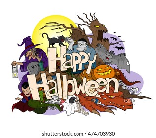 Happy Halloween, a hand drawn doodle illustration of Happy Halloween theme in black & white, filled with Halloween themed creatures and characters.