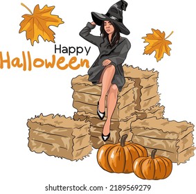 Happy Halloween hand drawn flat illustration. Beautiful woman in witch hat sitting on hay bales. Pretty lady with pumpkin and autumn leaves. Halloween lettering for postcard, poster, sublimation print