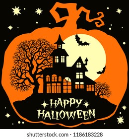 Happy Halloween, hand drawn greeting card. Dark house, tree, bats and moon in the silhouette of a pumpkin. Text banner or background for Happy Halloween, hand drawn vector illustration.