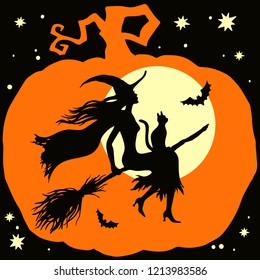 Happy Halloween, hand drawn greeting card. Silhouette of the witch, bats and moon in the silhouette of a pumpkin, vector illustration.