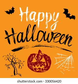 Happy Halloween hand drawn greeting card with pumpkin, bats and spiderweb