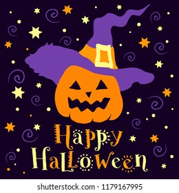 Happy Halloween, hand drawn holiday card with pumpkin. Text banner or background for Happy Halloween, hand drawn vector illustration.