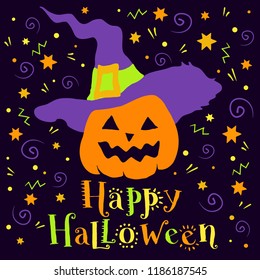  Happy Halloween, hand drawn holiday card with pumpkin. Text banner or background for Happy Halloween, hand drawn vector illustration.