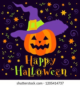  Happy Halloween, hand drawn holiday card with pumpkin. Text banner or background for Happy Halloween, hand drawn vector illustration.