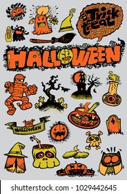 Happy Halloween Hand Drawn Horror Sketch Set with Calligraphy