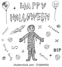 Happy Halloween Hand Drawn Horror Sketch Set with Calligraphy Text. Mummy, Pumpkin, Bat Drawing Icons and Letters for Banners, Cards, Posters. Helloween Scary Doodle Collection. Vector Illustrations.