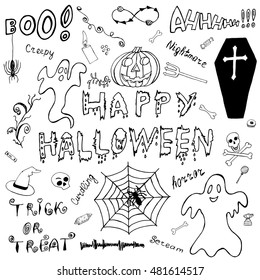 Happy Halloween. Hand Drawn Icons. Ideal Quality Itemized Sketch for your design. The Designation collection of elements, signs, symbols about Halloween. 