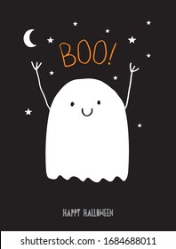 Happy Halloween. Hand Drawn Illustration with Cute White Ghost and Handwritten Boo Isolated on a Black Background. Starry Night Sky.Lovely Nursery Art for Halloween Party.