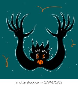 Happy Halloween hand drawn illustration with scary monster with arms raised with claws and open mouth with fangs. Stock vector cartoon style for banner, poster, greeting card, party invitation.