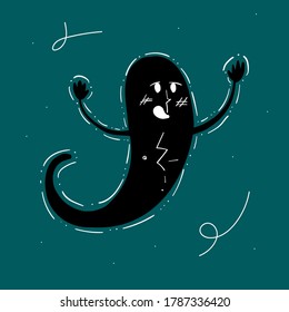 Happy Halloween hand drawn illustration with scary ghost with hands up. Stock vector cartoon style for banner, poster, greeting card, party invitation. Halloween character on dark background.