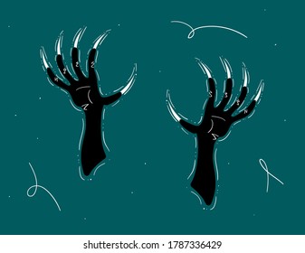Happy Halloween hand drawn illustration with two scary witch or monster hands with long claws. Stock vector illustration for banner, poster, greeting card, party invitation. Dark background.