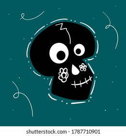 Happy Halloween hand drawn illustration with funny cute skull. Stock vector cartoon style for banner, poster, greeting card, party invitation. Dia de los muertos and Day of the dead. Dark background.