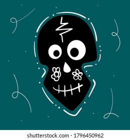 Happy Halloween hand drawn illustration with cute funny skull. Dia de los muertos and Day of the dead. Stock vector cartoon style for banner, poster, greeting card, party invitation.  Dark background.