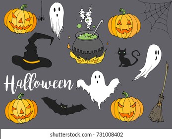 Happy Halloween hand drawn illustration set in cartoon style. Halloween cartoon decorative elements for poster or flyer design. Isolated Vector Pumpkin, witch hat, ghost, pot, broom, black cat, bat.