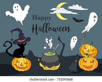 Happy Halloween hand drawn illustration in cartoon style. Design for Halloween party poster or flyer in cartoon style. Vector Pumpkin, witch hat, ghost, pot, broom, black cat, bat decorative elements.