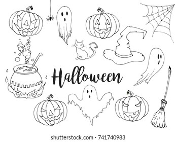 Happy Halloween hand drawn illustration set in sketch style. Halloween doodle decorative elements for poster or flyer design. Isolated Vector Pumpkin, witch hat, ghost, pot, broom, black cat, bat.