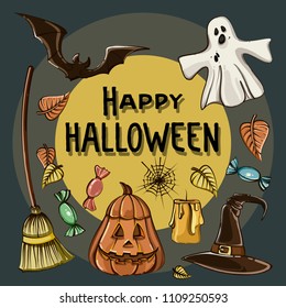 Happy Halloween hand drawn illustrations and design elements. Vector illustration, EPS 10