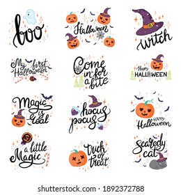 Happy Halloween hand drawn illustrations   elements  Halloween design elements  logos  badges  labels  icons   objects 
