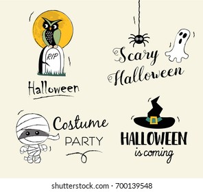 Happy Halloween hand drawn illustrations and elements. Halloween design elements, logos, badges, labels, icons and objects