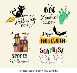 Happy Halloween hand drawn illustrations and elements. Halloween design elements, logos, badges, labels, icons and objects.