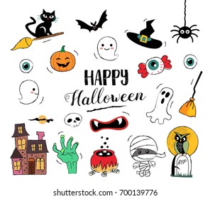 Happy Halloween hand drawn illustrations and elements. Halloween design elements, badges, labels, icons and objects.