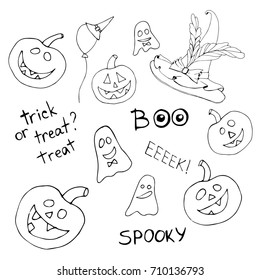 Happy Halloween hand drawn illustrations and elements. Halloween elements, logos, badges, labels, icons and objects. Set of silhouettes for Halloween party. Doodles halloween.