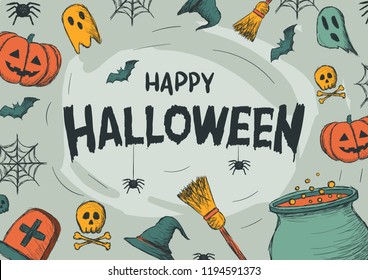 Happy Halloween hand drawn invitation / banner / background. Vector illustration.