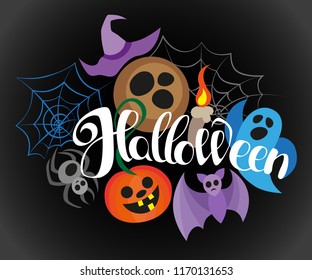 Happy Halloween, hand drawn lettering. Text banner or background for Halloween, hand written vector illustration.