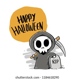 Happy Halloween hand drawn lettering with Grim Reaper vector illustration