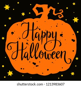  Happy Halloween, hand drawn lettering on silhouette of a pumpkin. Text banner or background for Happy Halloween, hand drawn vector illustration.