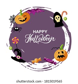 Happy Halloween hand drawn lettering. Place for text. Great for party invitation, flyer, greeting card, web, t-shirt design, print. Vector illustration isolated on white background. Flat style design.