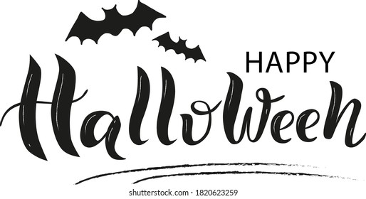 Happy Halloween hand drawn lettering. Handwritten calligraphy with spider web and bats for greeting cards, posters, banners, flyers and invitations. Happy Halloween text, holiday background