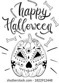 Happy halloween hand drawn lettering calligraphy illustration with pumpkin sugar skull.