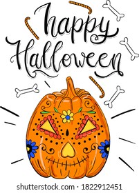 Happy halloween hand drawn lettering calligraphy illustration with pumpkin sugar skull.