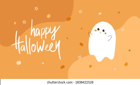 Happy Halloween hand drawn lettering. Web, print banner with cute smiling ghost, candies on abstract shape background. Greeting card, vector illustration. Holiday poster, advertising, concept.