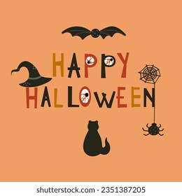 Happy Halloween hand drawn lettering with black cat, bat, spider, creepy eyes and witch hat. Holiday lettering for invitation, poster, greeting card. Halloween decoration. Orange background