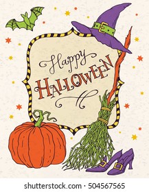 Happy Halloween, hand drawn linen vector illustration for design: greeting card, poser, invitation.