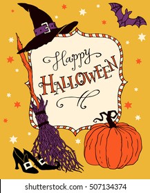 Happy Halloween, hand drawn linen vector illustration for design: greeting card, poser, invitation.