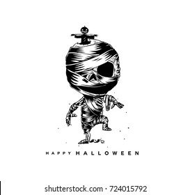 Happy halloween hand drawn mummy sketch, text, holiday, celebration, scary, fear, party, vector illustration