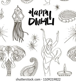 Happy Halloween hand drawn pattern with design elements. Vector illustration, EPS 10